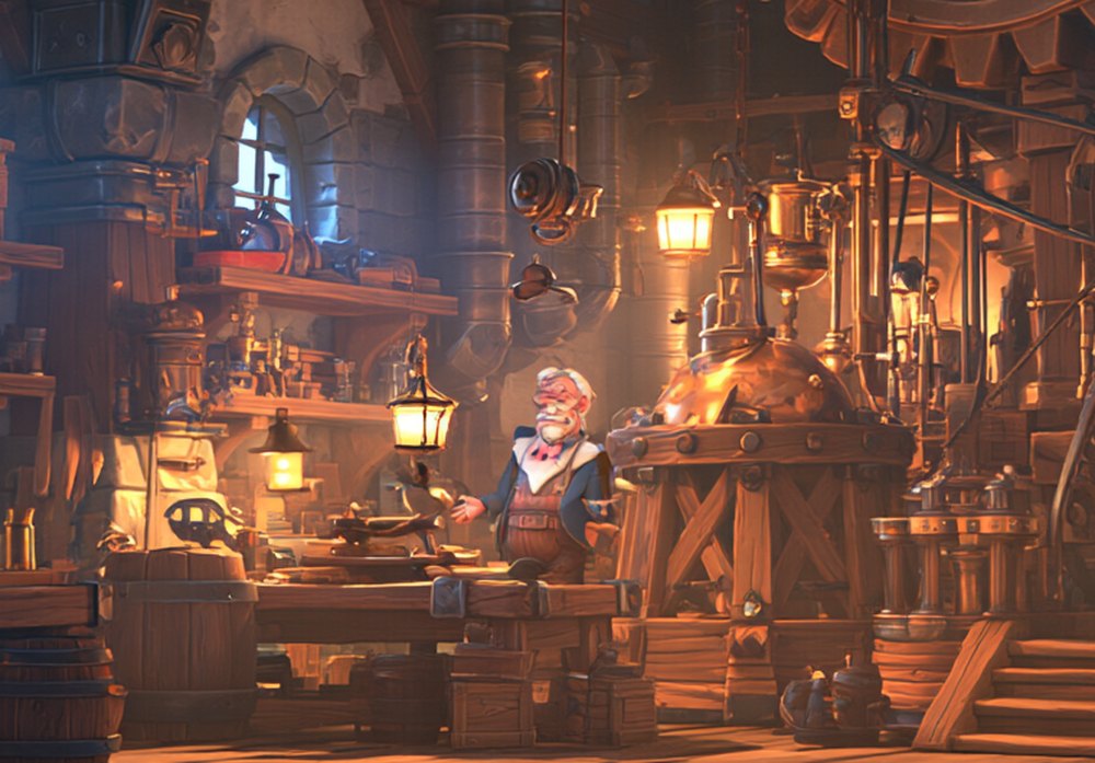 Professor Cornelius Cogsworth at his workbench in the Kludgeworks workshop